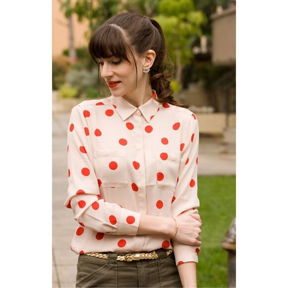 Loft Ann Taylor Red Polka Dot Long Sleeve Sheer Poly Blouse Size S - Picture 1 of 7
